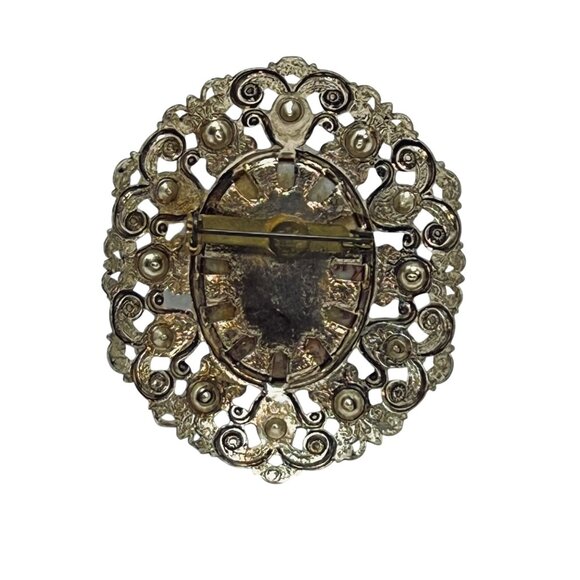 German Silver Tone Porcelain Brooch With Clear Rhinestones & Faux Pearls (5768) - Picture 5 of 6
